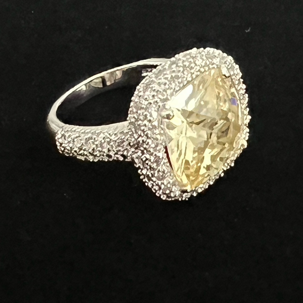 Canary Yellow Crystal Halo Sterling Silver 925 Large Women’s Statement Ring